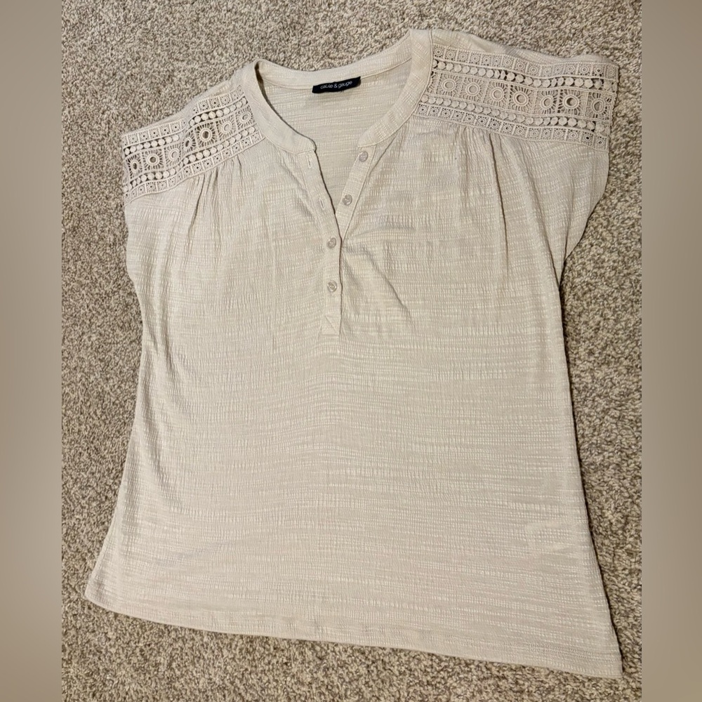 Cable & Gauge Beige Blouse with Crochet Accents